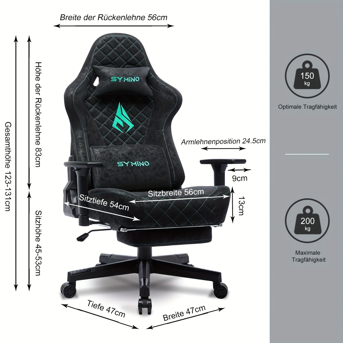 SYMINO Ergonomic Gaming Chair - Vintage Faux Leather, Adjustable Racing Chair Design with Headrest and Footrest, Rotating Task Chairs for PC & Office Use, Black with Teal Accents, Gaming Chair for Adults