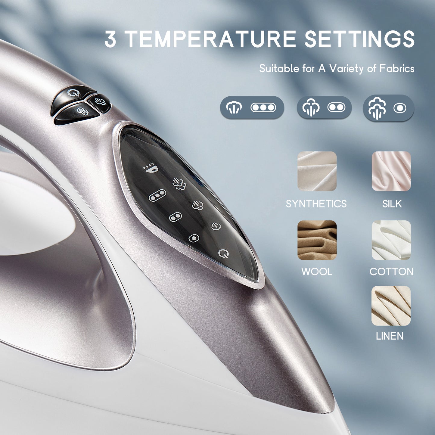 Steam Station Iron Offers 5.5 Bar Pressure, a 1.5L Water Tank, Ceramic Soleplate, Anti-Limescale Function, Vertical Steaming, Three Temperature Settings, Cord Storage, And 2400W Power. Available in Light Purple.