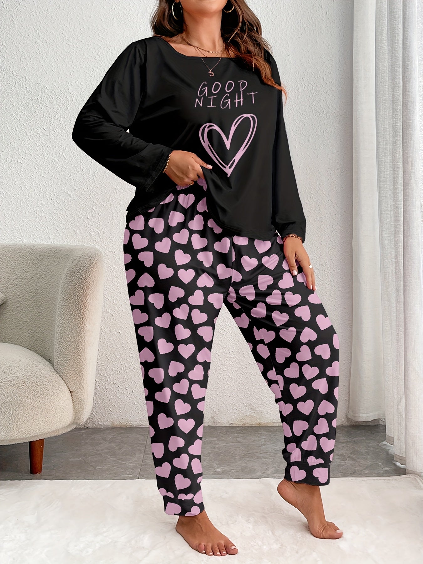 Women's Comfort Plus Size Heart Print Pajama Set - Long Sleeve and Pants, Soft Polyester Loungewear, Machine Washable, Autumn, Oversized, Heart Pattern, Long Sleeve Sleepwear Set
