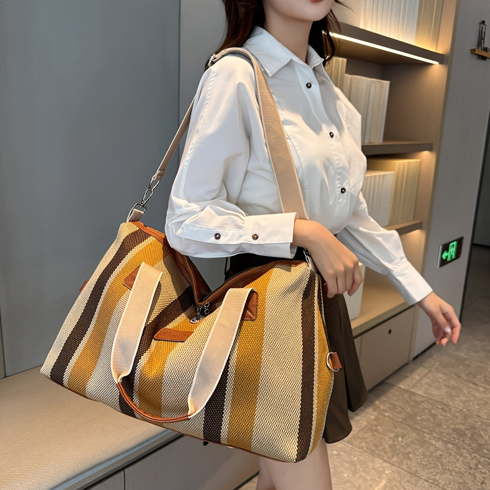 Striped Retro Short-Term Travel Bag for Women, Lightweight Handheld Luggage with Large Capacity