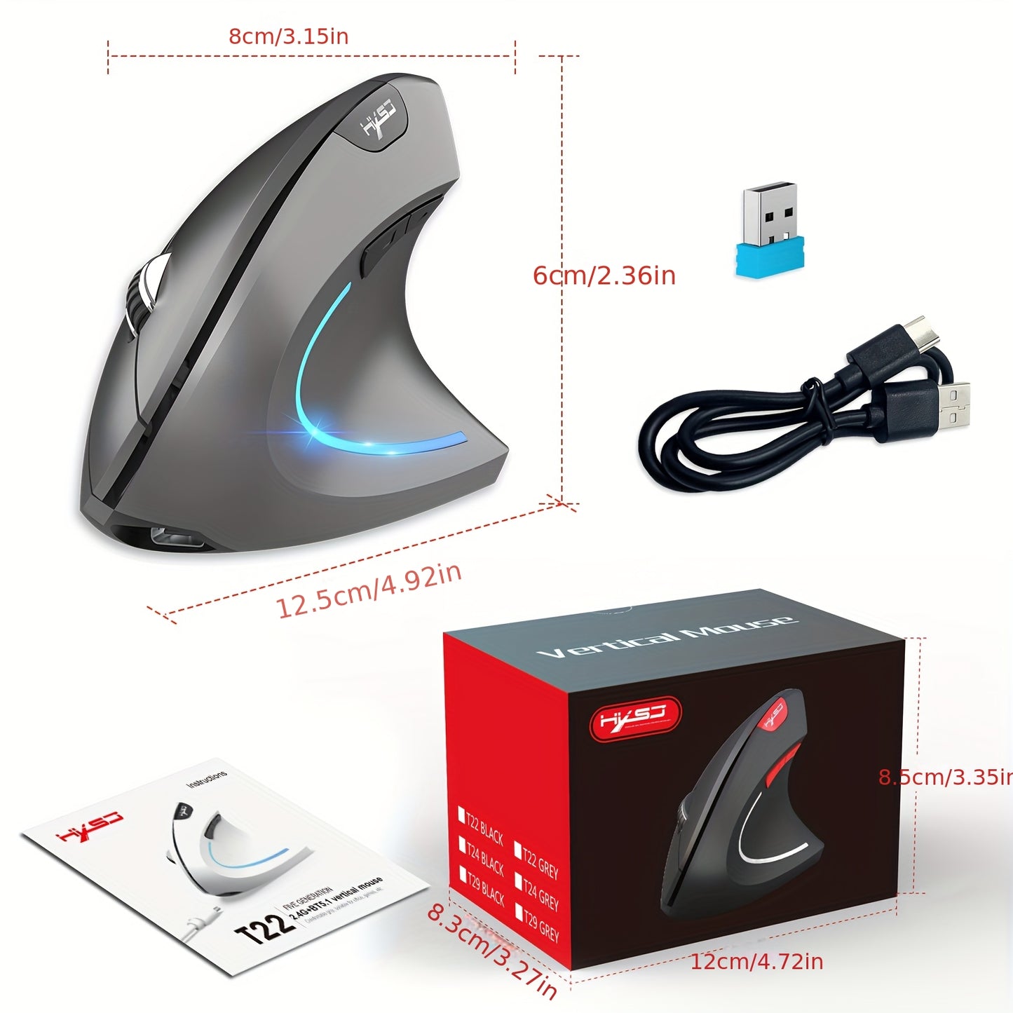 HXSJ Dual-Mode Wireless Vertical Mouse, Large Battery, Suitable for PC Laptops and Desktops! Ideal for Office and Travel, USB Charging, Optical Movement Detection, Right-Handed, Plastic Material, Windows 7 Compatible, No Char