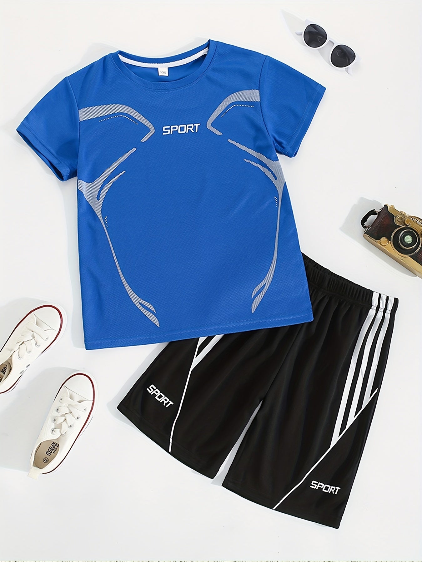 2pcs Boy's "Sport" Outfit Short Sleeves Round Neck T-shirt & Shorts Casual For Summer Daily And Outdoor Wear