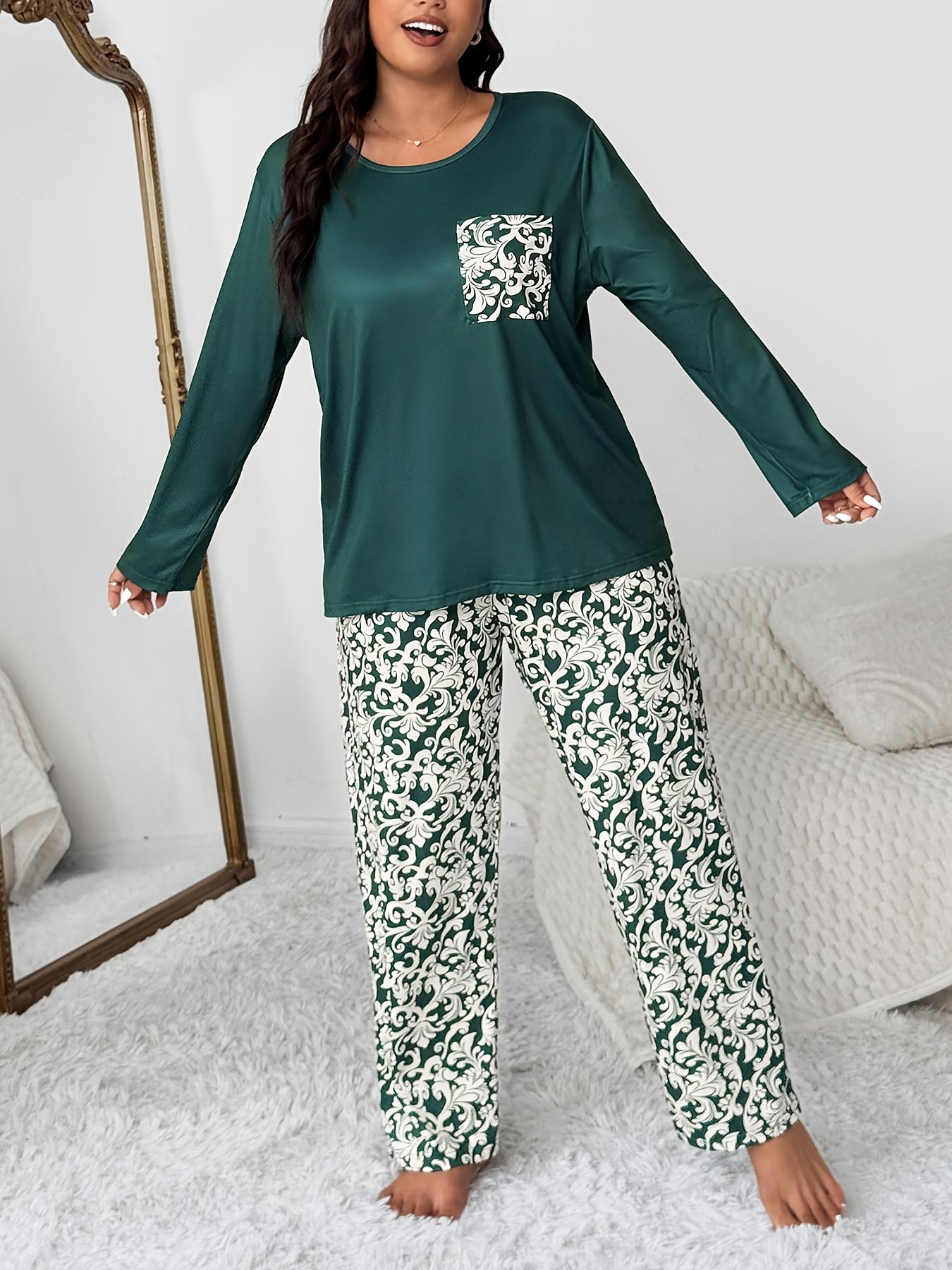 Plus Size Pocket Round Neck Long Sleeve Top and Geometric Floral Print Pants 2pcs Comfortable Casual Pajama Set