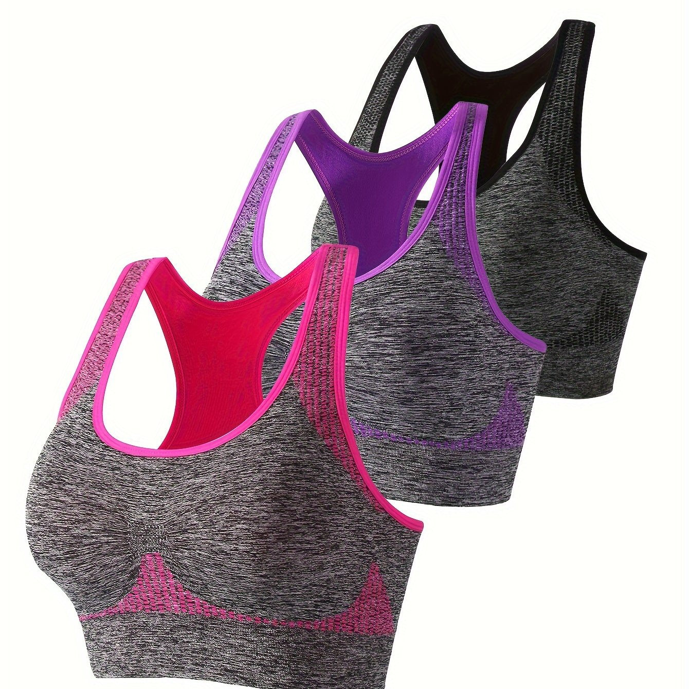 3pcs Contrast Binding Quick Drying Sports Bra, Racerback Shockproof Running Fitness Crop Tank Top, Women's Activewear