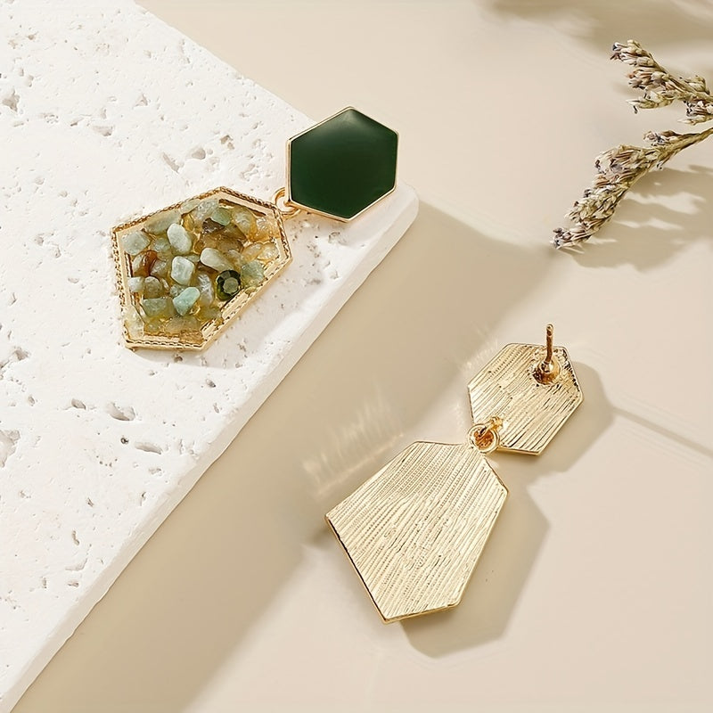 Hexagon Avocado Green Dangle Earrings With Artificial Crystal Decor Retro Elegant Style Zinc Alloy 18K Gold Plated Jewelry Banquet Ornaments
