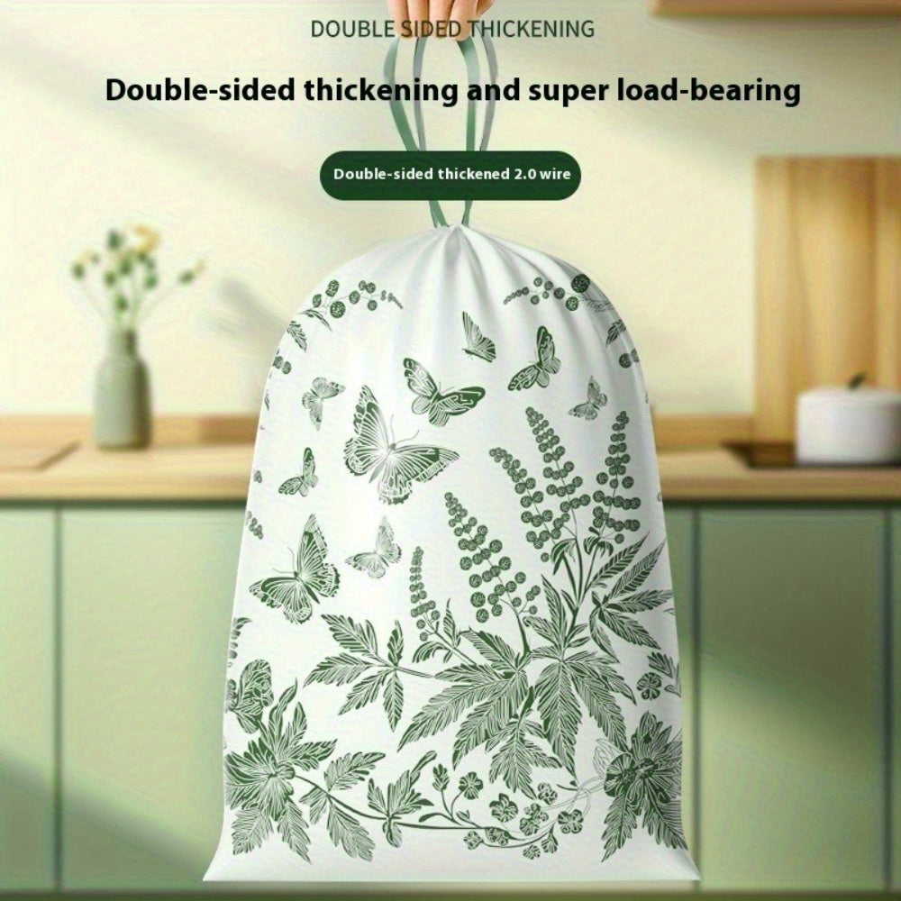 100pcs Disposable Drawstring Trash Bags with Mint and Herb Scented Floral Print - Thick Plastic, Tear-Resistant Portability for Home Kitchen Bathroom Party Use | Decorative Garbage Bag