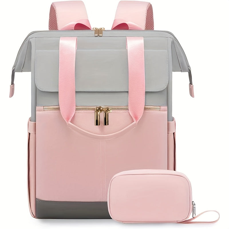 Stylish Women'S Convertible Laptop Backpack - Soft Shell Nylon, Multiple Compartments, Zipper Closure, Ideal for School, Travel & Leisure, Available in Gray, Pink, Blue, Red, Black, Backpack for School