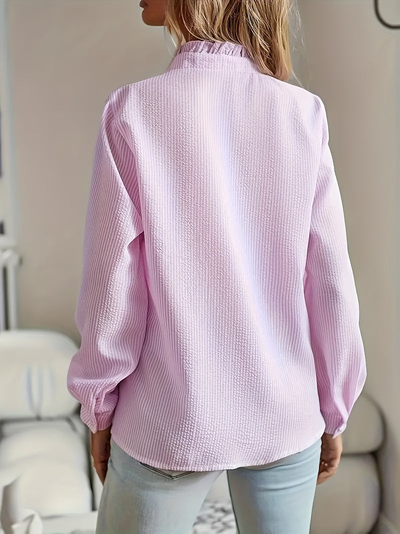 Striped Print Ruffle Trim Blouse, Elegant Long Sleeve Button Front Blouse For Spring & Fall, Women's Clothing