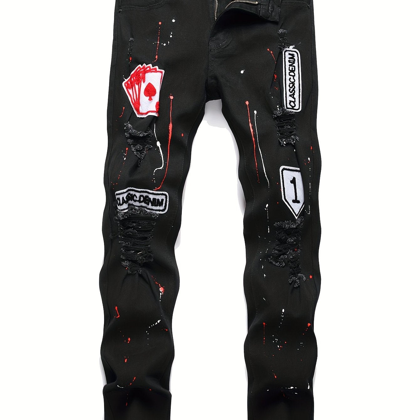 Patch Splatter Ripped Jeans, Men's Casual Street Style Distressed Slim Fit High Stretch Denim Pants For Spring Summer