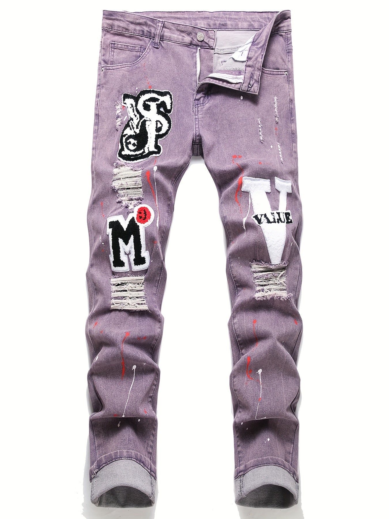 Patch Splatter Ripped Jeans, Men's Casual Street Style Distressed Slim Fit High Stretch Denim Pants For Spring Summer