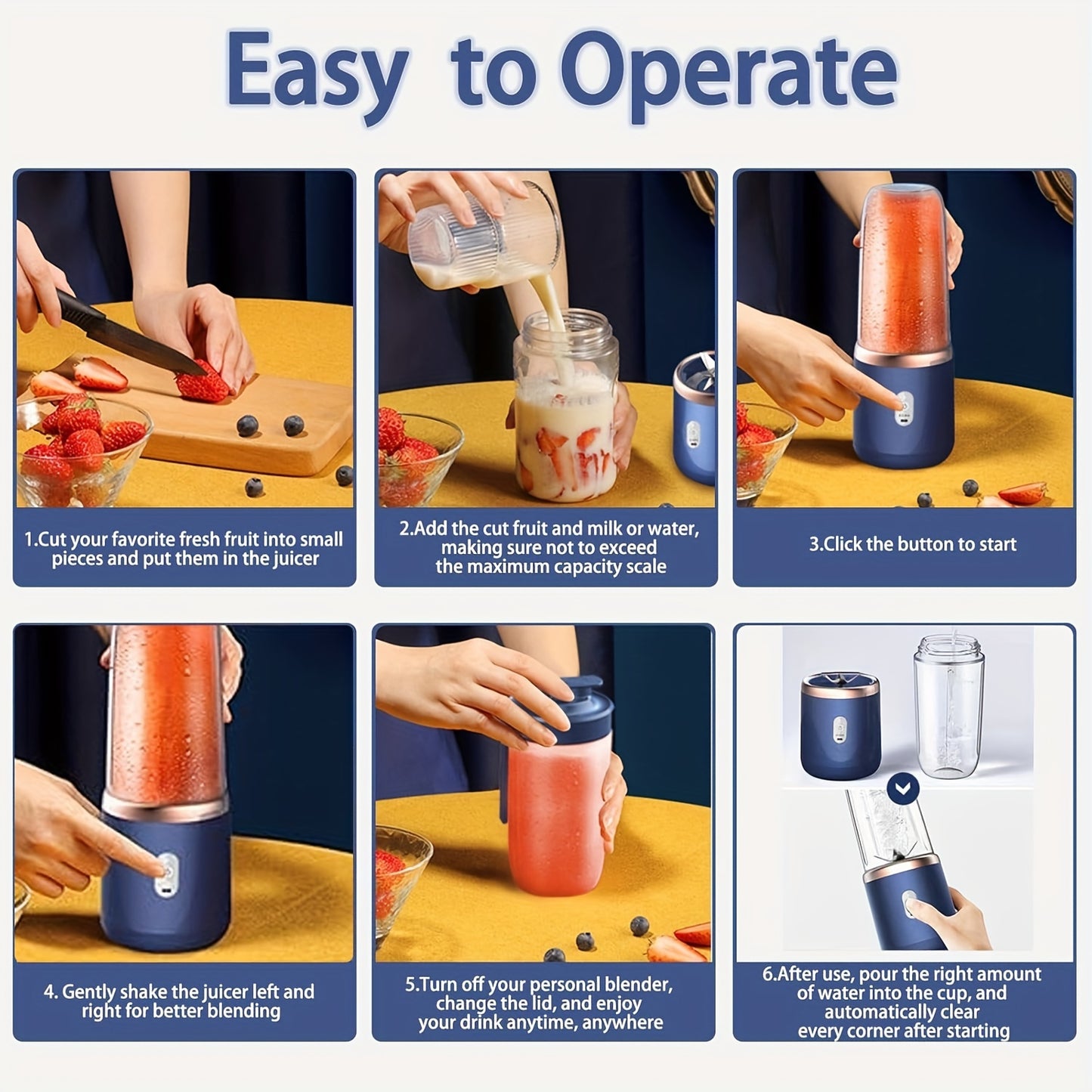Portable Blender, Mini Smoothie and Shake Maker, USB Rechargeable Personal Mixer with 6 Blades for Fresh Juice, 430g Capacity, Stainless Steel Body, Round Shape, Ideal for Kitchen, Home, Travel - Blenders for Kitchen