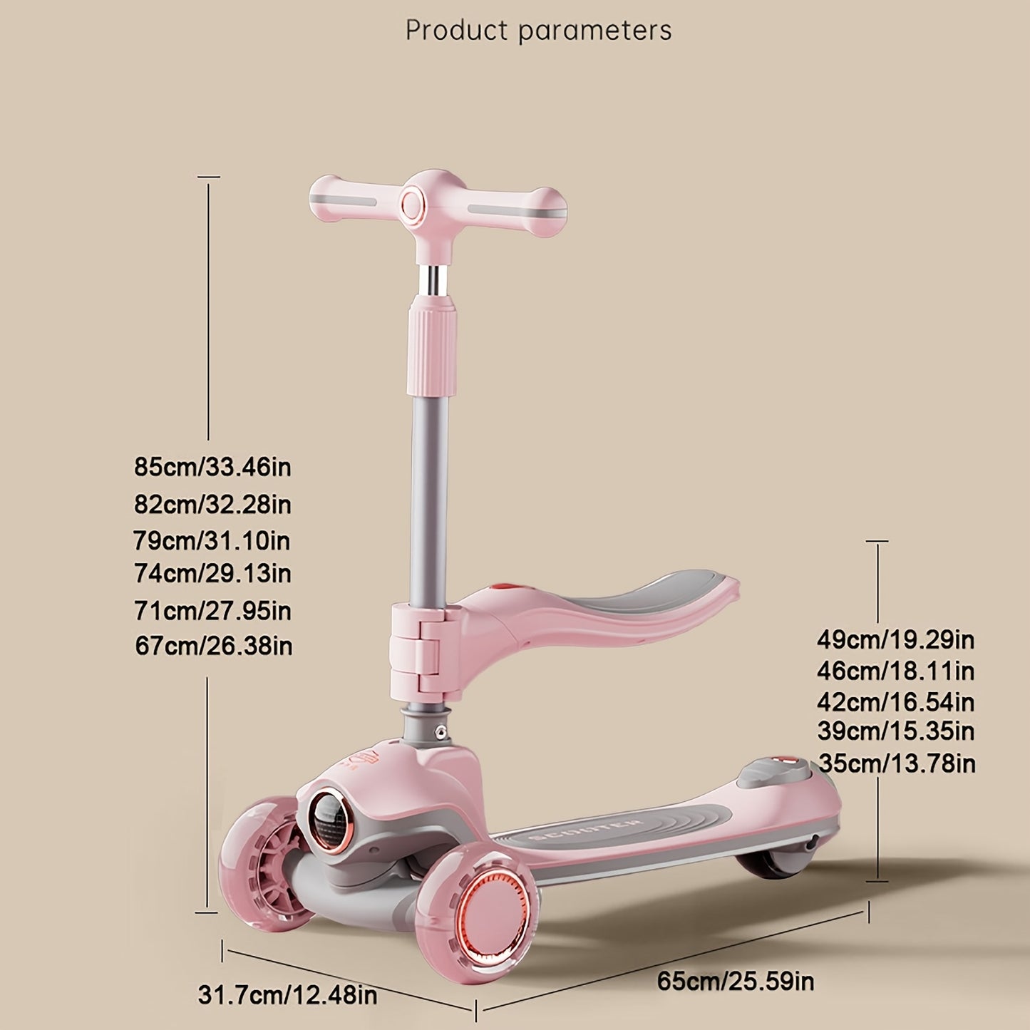 Kids Scooter with Foldable Seat & 2-in-1 Sit & Stand Modes, 5-Level Adjustable Handlebar, Pink with LED Lights & Music, 2-Wheel Stability, Front Brakes & Rear Suspension, Heavy-Duty Construction for Boys & Girls 3-12 Years (B