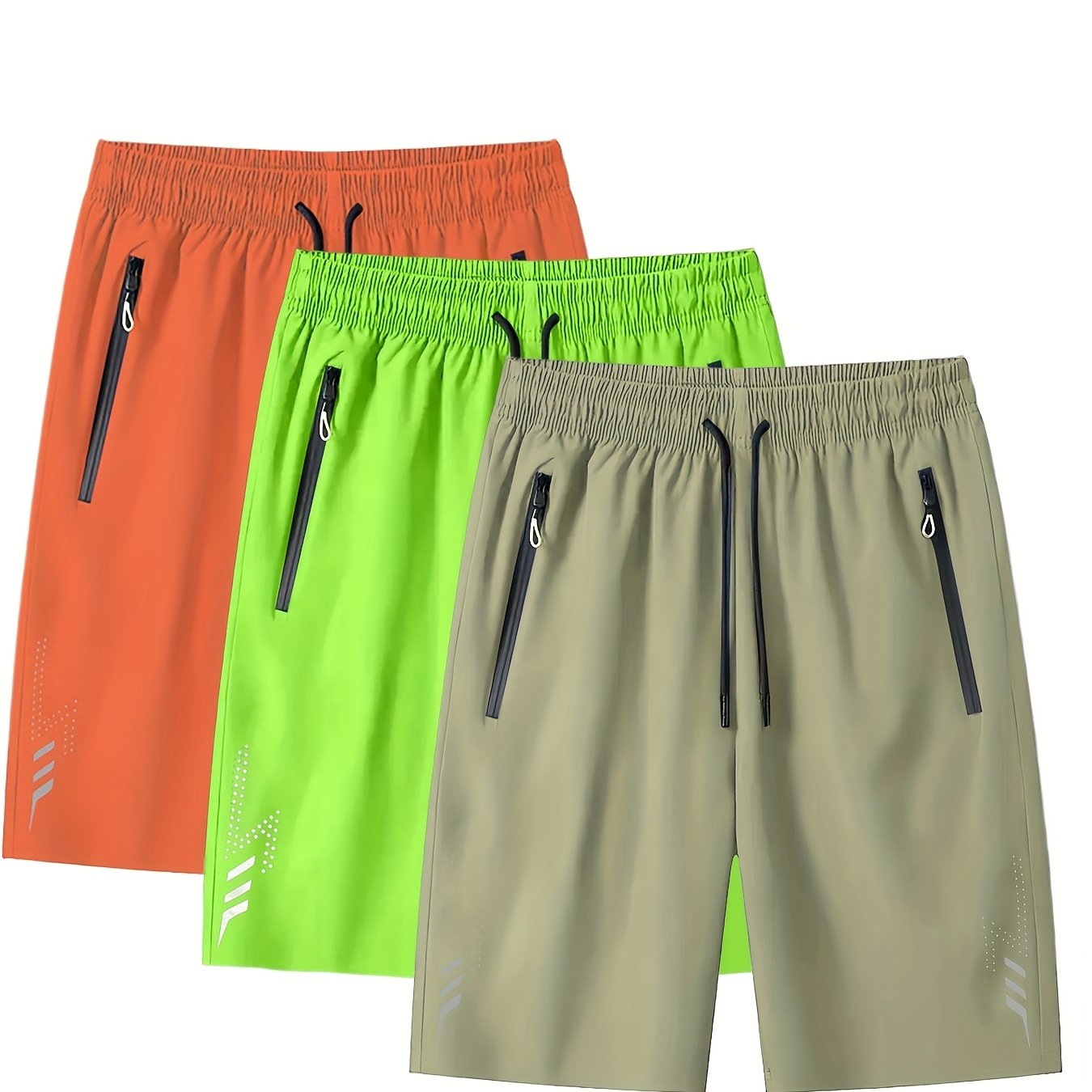 3pcs Men's Lightweight Quick-Dry Athletic Running Shorts - Loose Fit Plus Size, Zipper Pocket & Elastic Waistband, Polyester/Elastane Blend Swim Shorts with White & Black Design for Gym, Beach, Jogging - Summer Workout Swim T