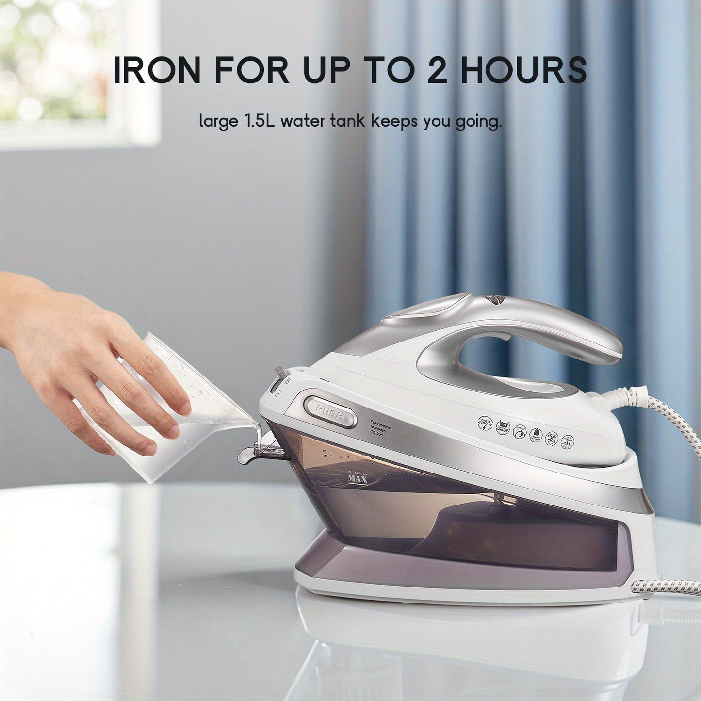 Steam Station Iron Offers 5.5 Bar Pressure, a 1.5L Water Tank, Ceramic Soleplate, Anti-Limescale Function, Vertical Steaming, Three Temperature Settings, Cord Storage, And 2400W Power. Available in Light Purple.