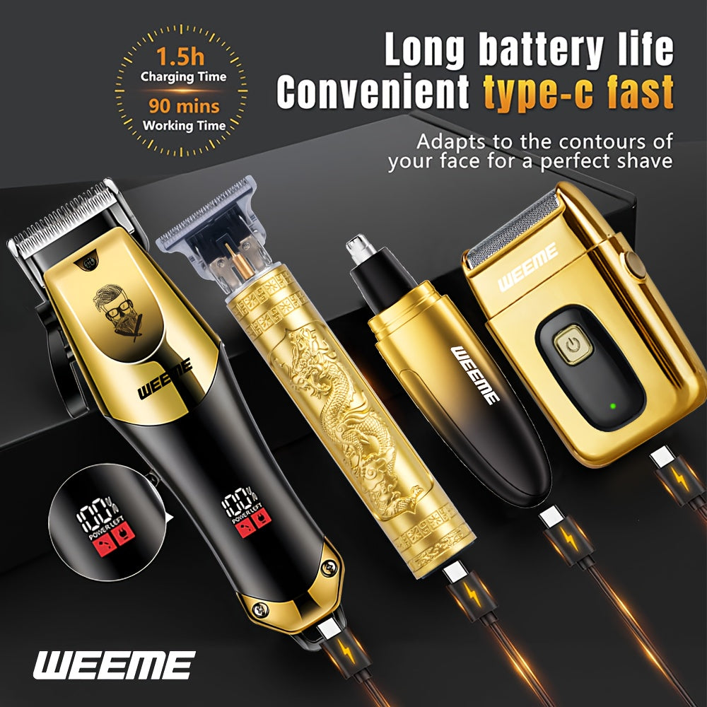 WEEME 4pcs Men'S Golden Electric Hairdresser Set, Household Beard Building Kit. Electric Hair Clipper + Electric Shaver + Electric Nose Hair Trimmer + Fine Trimmer. Used for Home, Car and Travel. Gifts for Fathers, Husbands,