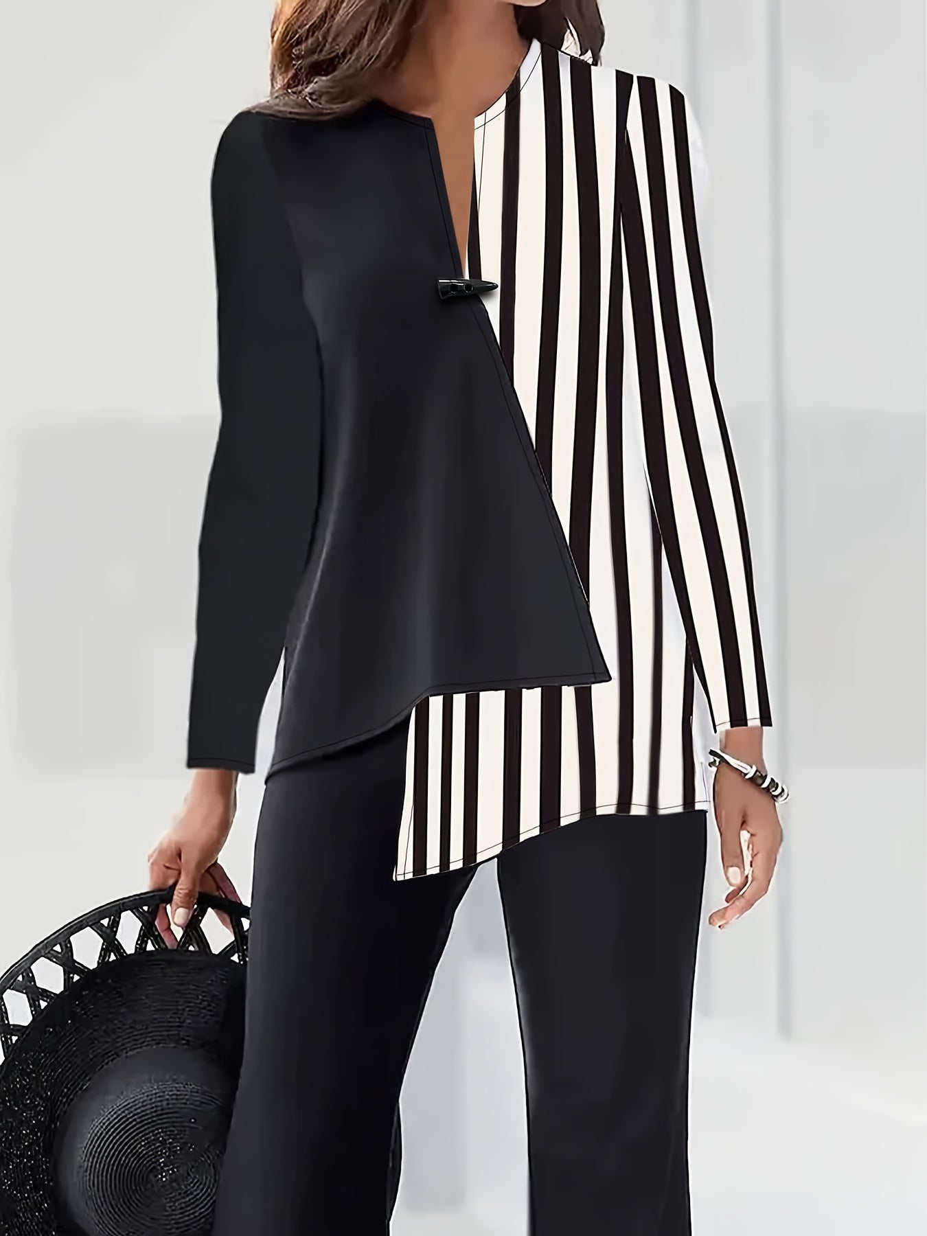 Stripe Print Button Front Asymmetric Blouse, Elegant Long Sleeve Top For Spring & Fall, Women's Clothing