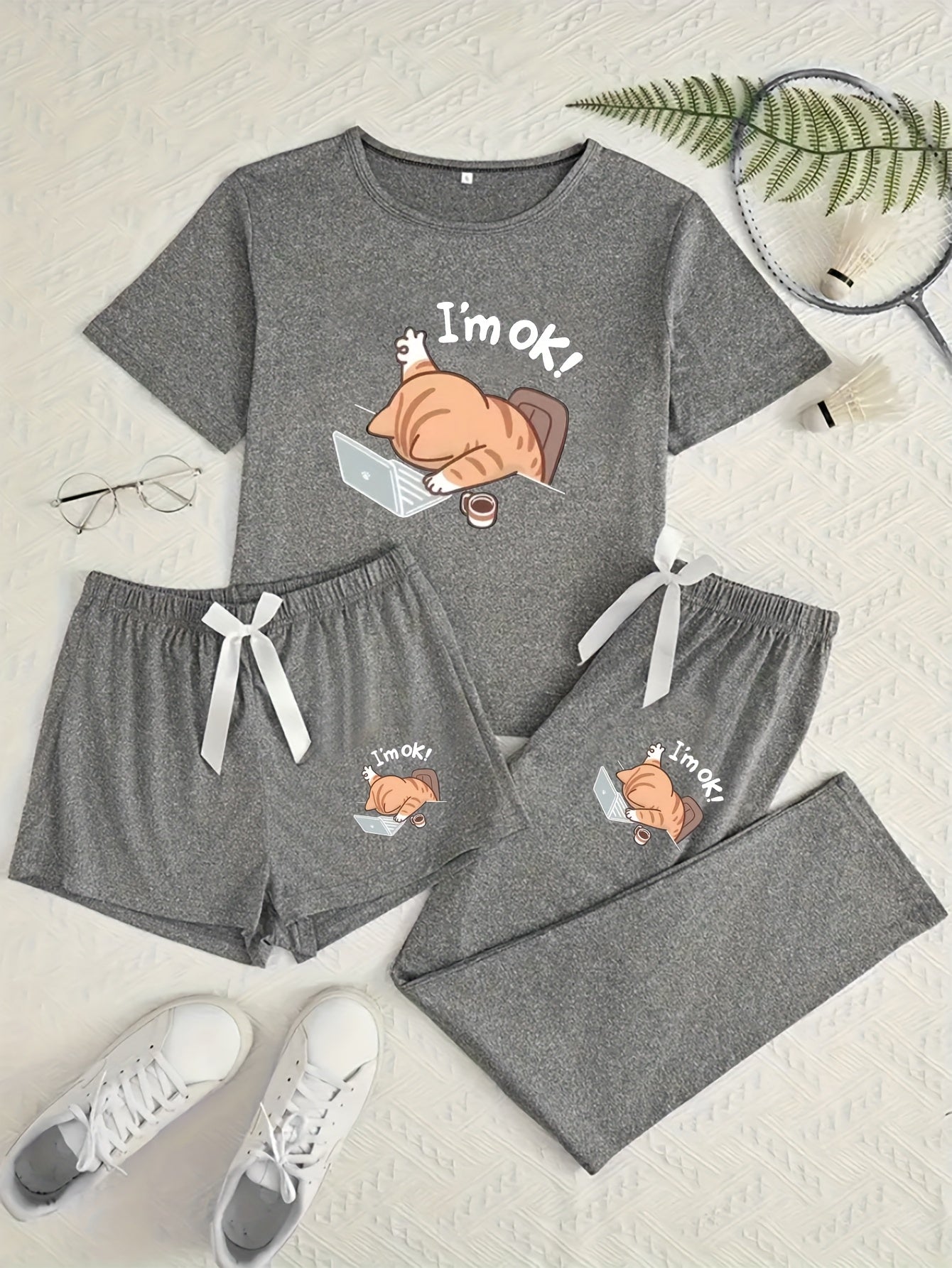 Women's 3pcs Pajama Set, Cartoon Work Kitten Print Short Sleeve Pajamas, Shorts and Longs - Bow Style, Suitable for Multiple Seasons
