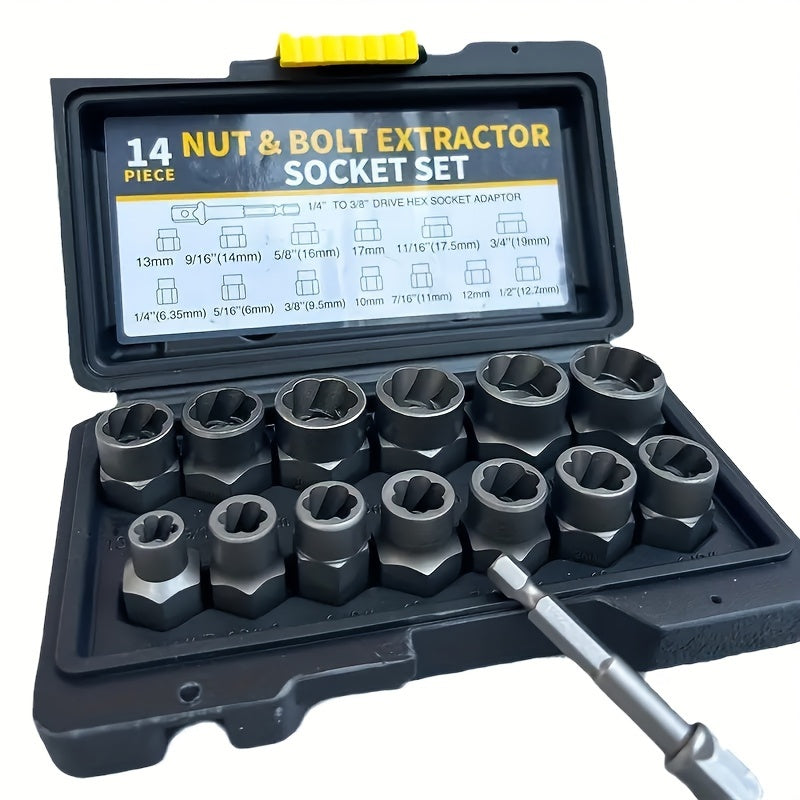 14pcs Damaged Lmpact Socket Set, Socket Set Nut And BoltExtractor Lmpact Bolt & Nut Remover-Chrome MolybdenumSteel Bolt Extractors With Storage Box