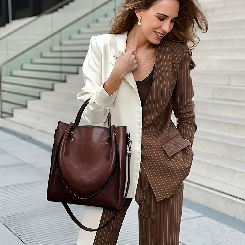 Women'S Genuine Leather Tote & Crossbody - Elegant Minimalist Hand with Golden-Tone Hardware, Zipper Closure, Golden-Tone Hardware &, Sturdy Base For Everyday & Formal Use, Versatile Accessory, Sleek Design, Durable Construct