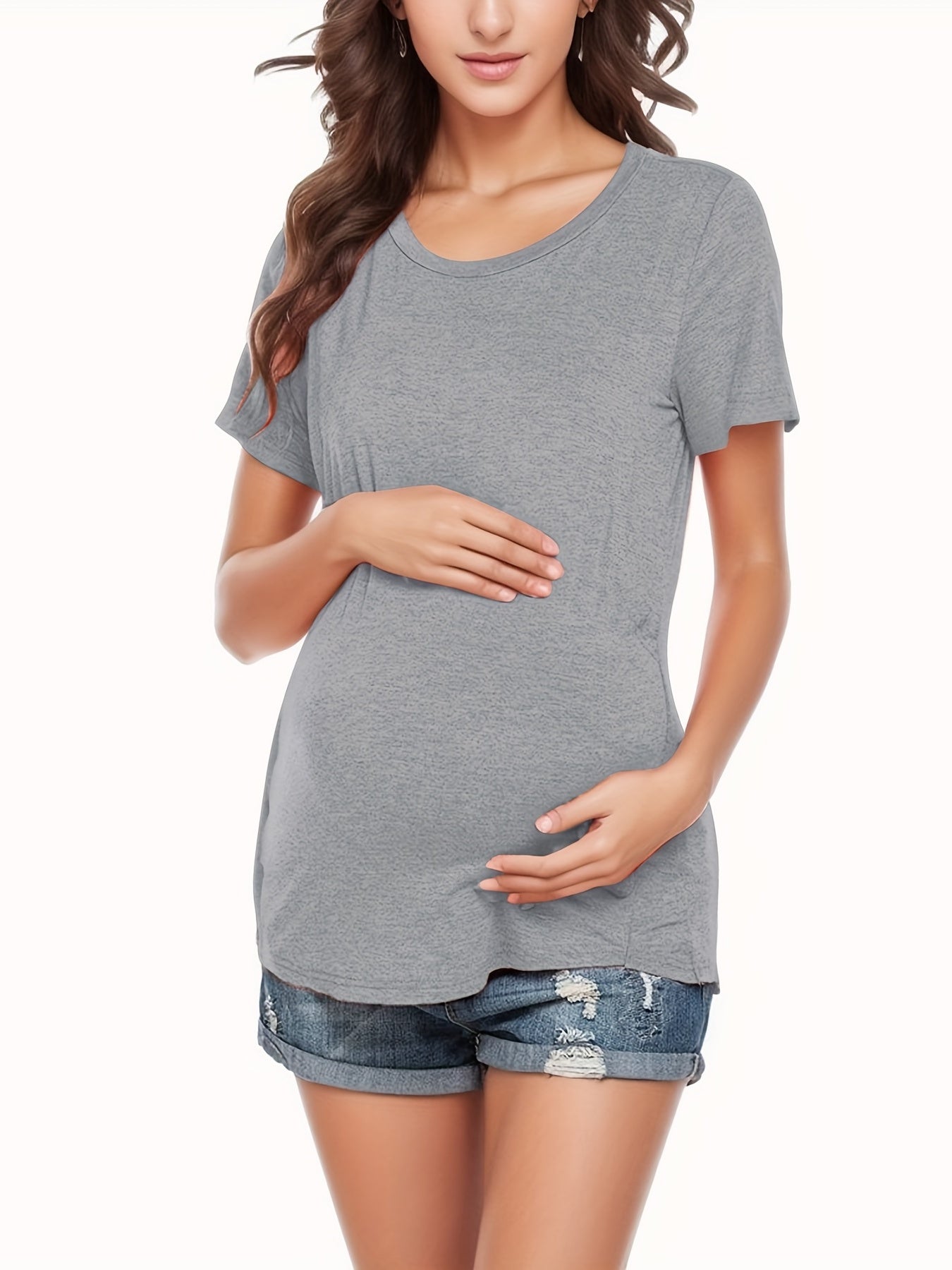 Women's Maternity Nursing T-shirt, Casual Mid Stretch Breathable Breastfeeding Pregnancy Top For Outdoor