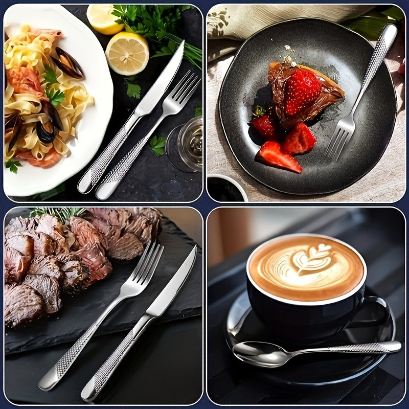 20/40pcs silverware cutlery set, hammer textured handle, durable cutlery including spoons, forks, knives, mirror polished high-quality stainless steel, dishwasher safe, suitable for home kitchens, restaurants, hotels, parties