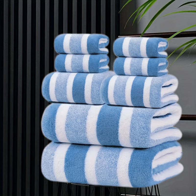 8pcs Set of Lint-Free, Super Absorbent And Super Soft Five-Star Hotel Standard Two-Color Striped Bath Towel Set, Including 2 Large Bath Towels, 2 Large Face Towels And 4 Hand Towels - Quick Drying | with Hanging Loop | Light