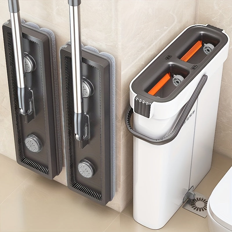 Lazy Hands-Free Flat Mop And Bucket Set with 4pcs Mop Pad- Dual-Purpose Dry And Wet Cleaning, Ideal for Bedroom, Kitchen, Living Room, Bathroom - Durable Plastic, for Household And Floor Cleaning, Tile Marble Floor Cleaning M