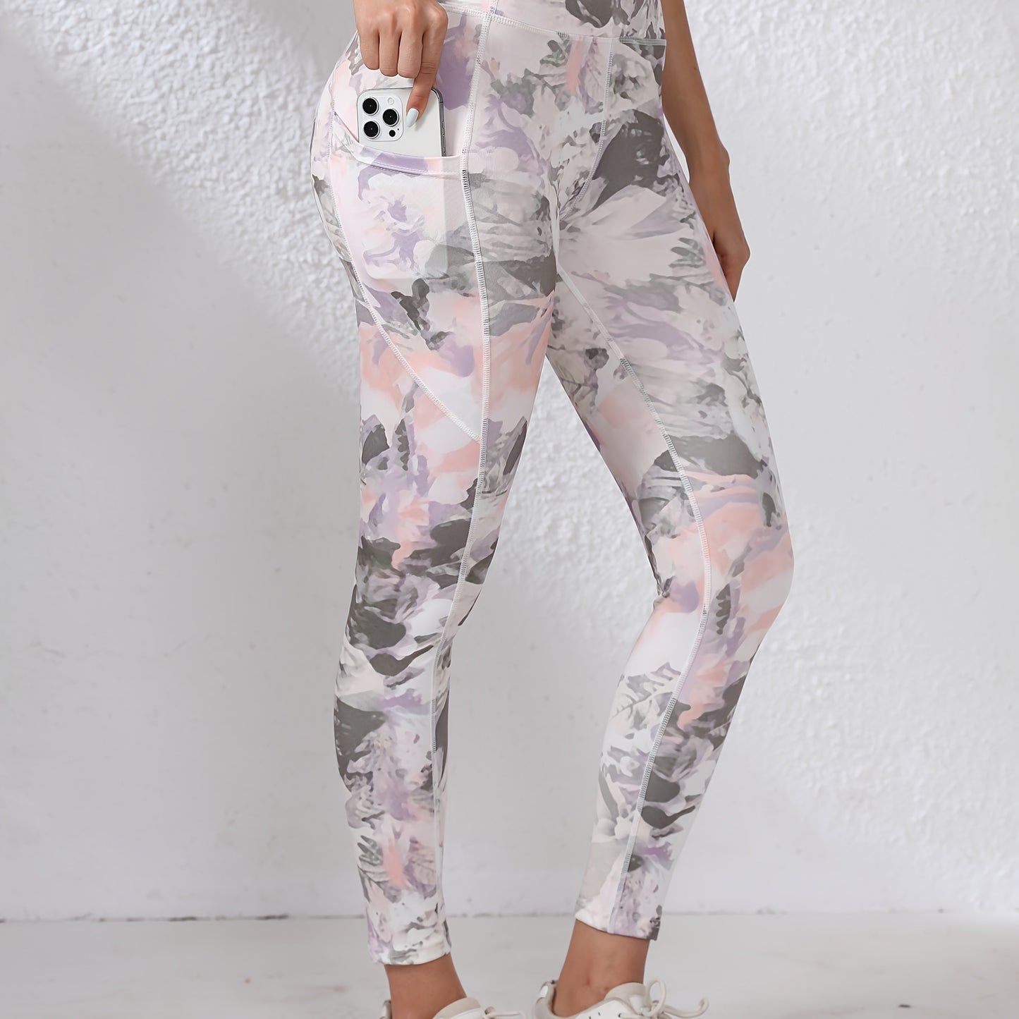 Women's High-Waisted Yoga Leggings with Pockets - Tummy Control Butt-Lifting Workout Pants, Floral Print, Stretchy Polyester/Elastane Blend, Machine Washable for Gym, Running & All-Season Wear