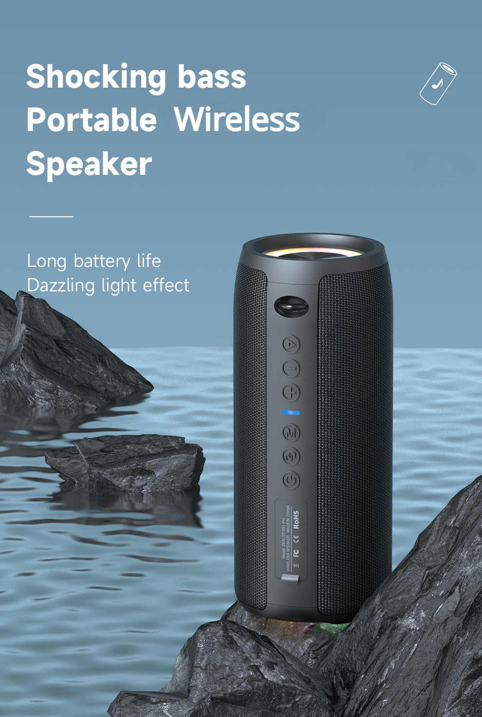 ZEALOT S51 Pro Wireless Speakers, Outdoor Portable Subwoofer Speaker, Wireless Speaker, Dual Pairing, Booming Bass, Charging Cable And Aux Cable, Connect with Mobile Phone/Tablet/TV, for Home, Car, Outdoor, Camping