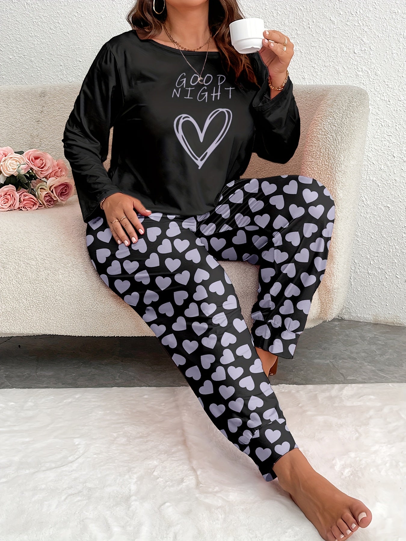 Women's Comfort Plus Size Heart Print Pajama Set - Long Sleeve and Pants, Soft Polyester Loungewear, Machine Washable, Autumn, Oversized, Heart Pattern, Long Sleeve Sleepwear Set
