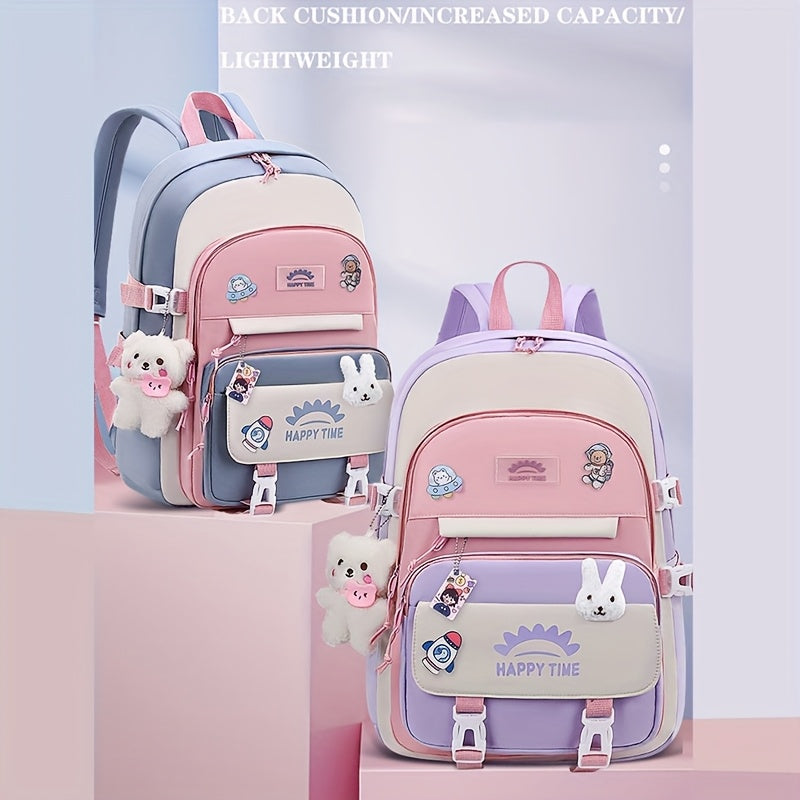 Chic Nylon Backpack for Girls - Cute Cartoon Design, Adjustable Straps, Lightweight backpack, Perfect for Elementary to High School Students