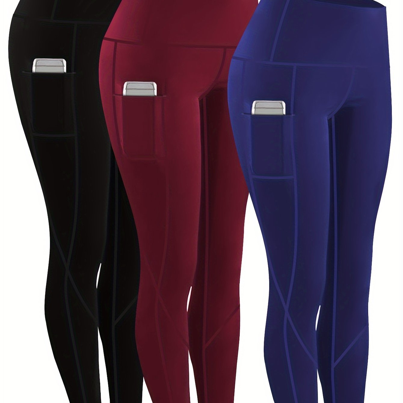 3pcs Set Women'S Plus Size Daily Sports Yoga Leggings, Geometric Pattern, High Stretch Spandex, Breathable, with Two Side Pockets, for Running, Workout