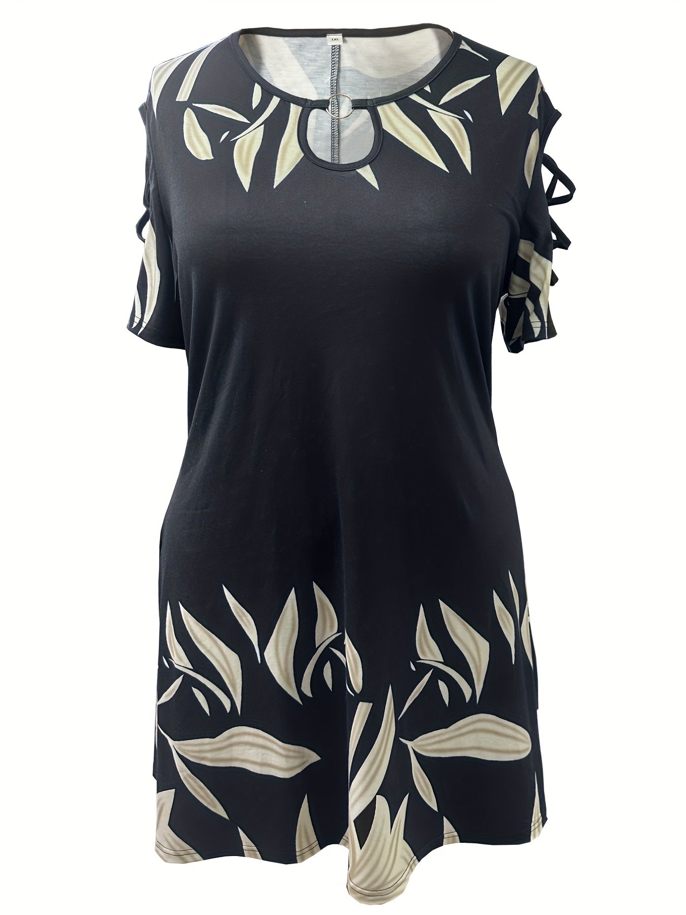 Plus Size Casual Dress, Women's Plus Leaf Print Ring Decor Cut Out Sleeve Round Neck High Stretch Keyhole Front Dress