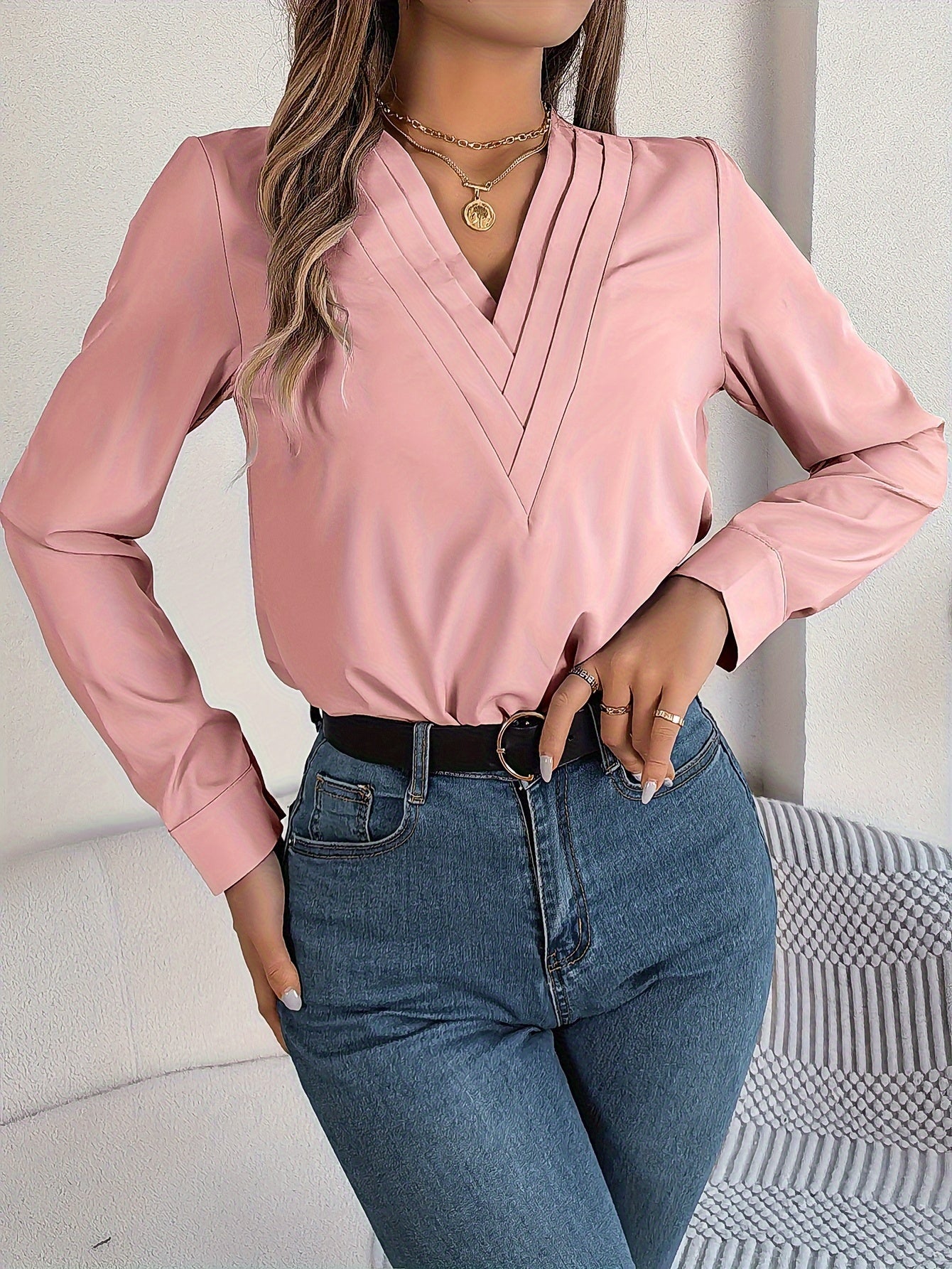 Women'S Elegant V-Neck Long Sleeve Shirt, Solid Color Polyester Blouse with Triple V-Cut, 95% Polyester 5% Elastane, Woven Fabric, 120g/m², for Spring/Summer/Fall - Adult