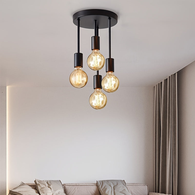 1pc Black Modern 4-Light Chandelier, Iron Branch Ceiling Light For Kitchen, Hallway, Bedroom, E27 Bulb Base Bulb Not Included, Home Lighting Accessory