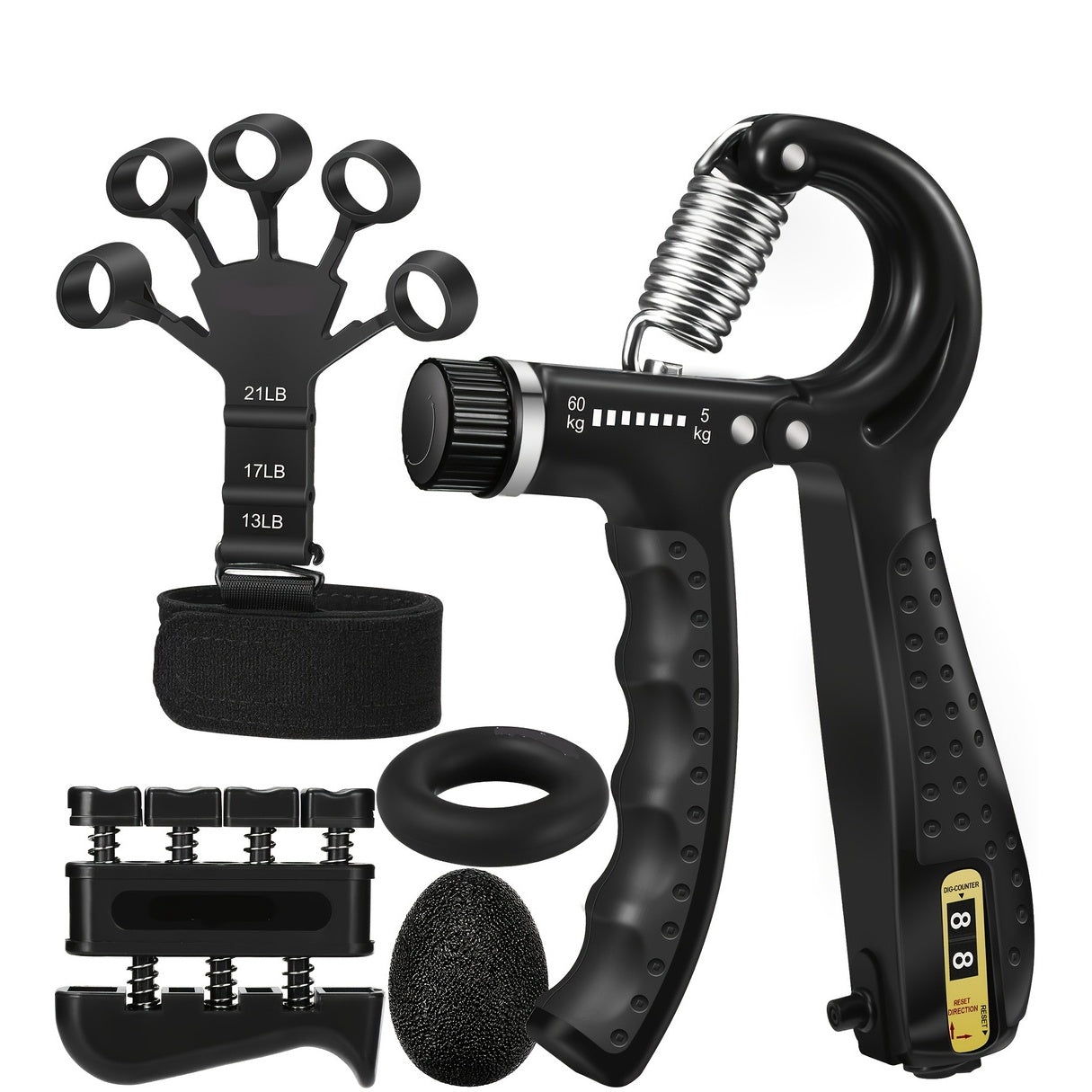 Grip Strength Trainer Kit (5-Pack) with Finger Exerciser, Hand Grip Strengthener, Hand Extension Exerciser, Hand Strength Ball and Forearm Workout Ring for Muscle Building