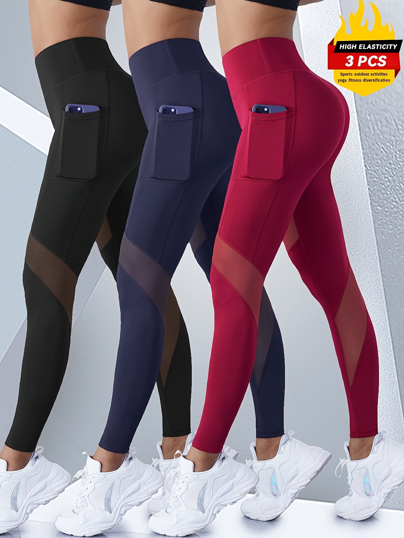 3pcs Women'S High-Waist Yoga Pants, Polyester & Spandex Blend, Sports Style, Solid Color, High Stretch, Breathable Mesh, with Pockets for All-Season Fitness Leggings