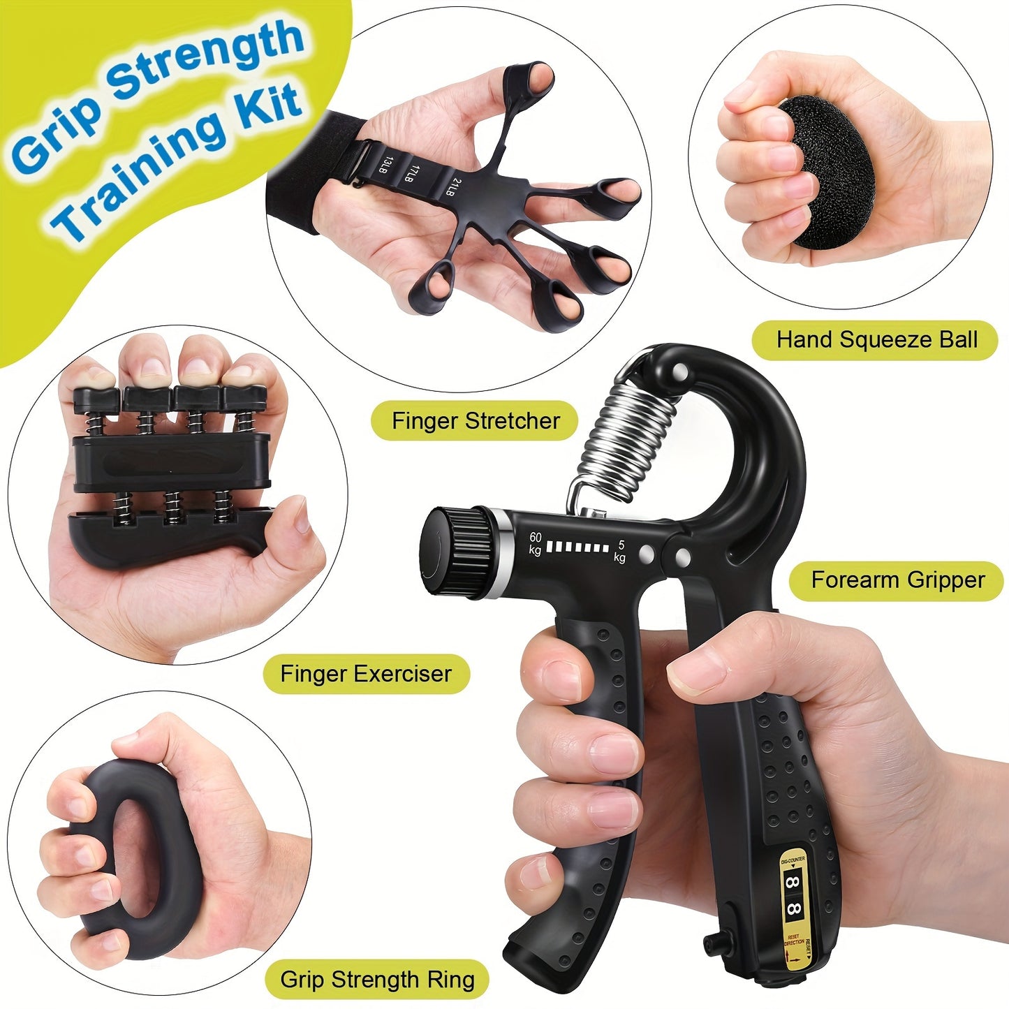Grip Strength Trainer Kit (5-Pack) with Finger Exerciser, Hand Grip Strengthener, Hand Extension Exerciser, Hand Strength Ball and Forearm Workout Ring for Muscle Building