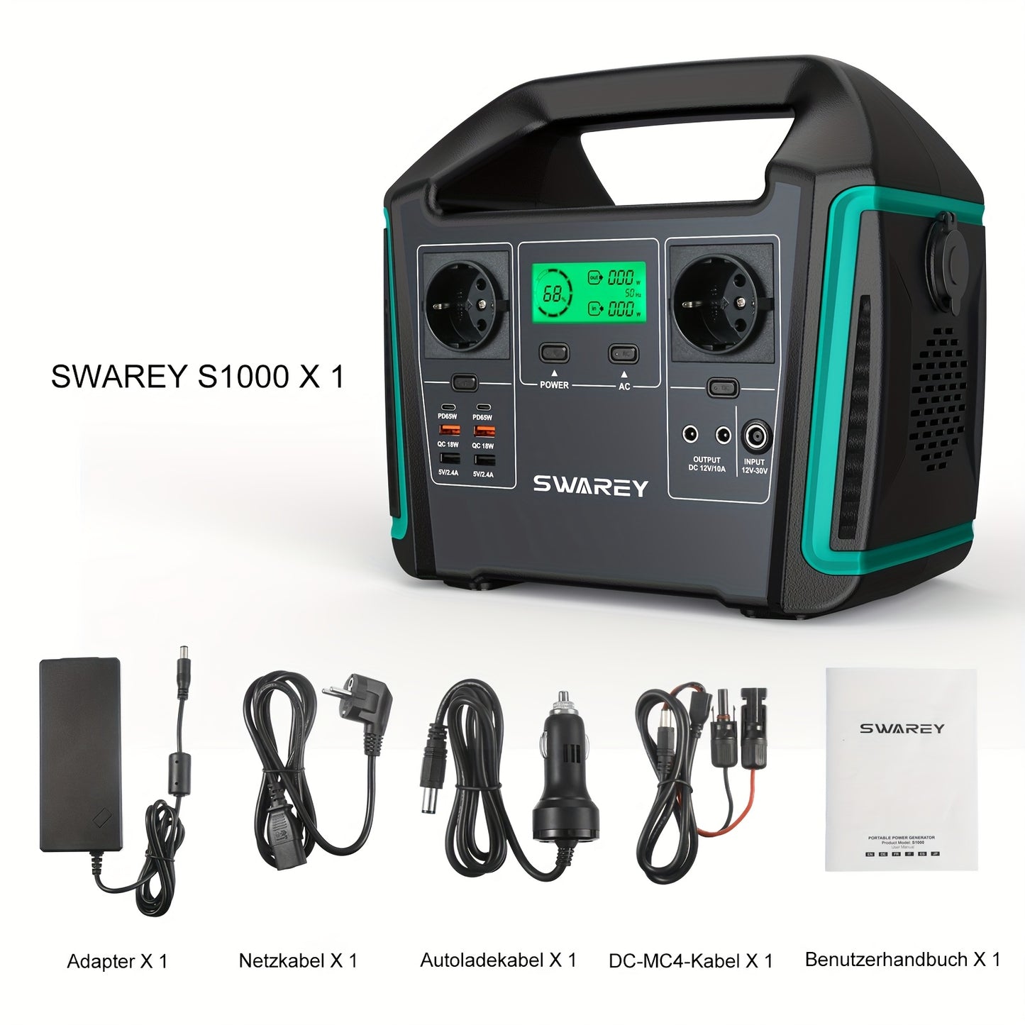 SWAREY 725.76Wh Solar Generator, Portable Power Station, 1000 W (Surge 1500 W) AC Outputs/Pure Sine Wave, Power Bank Emergency Generator, 2 X 65 W USB-C Connection, Power Generator Battery for Outdoors, Camping, Travel, Fishi
