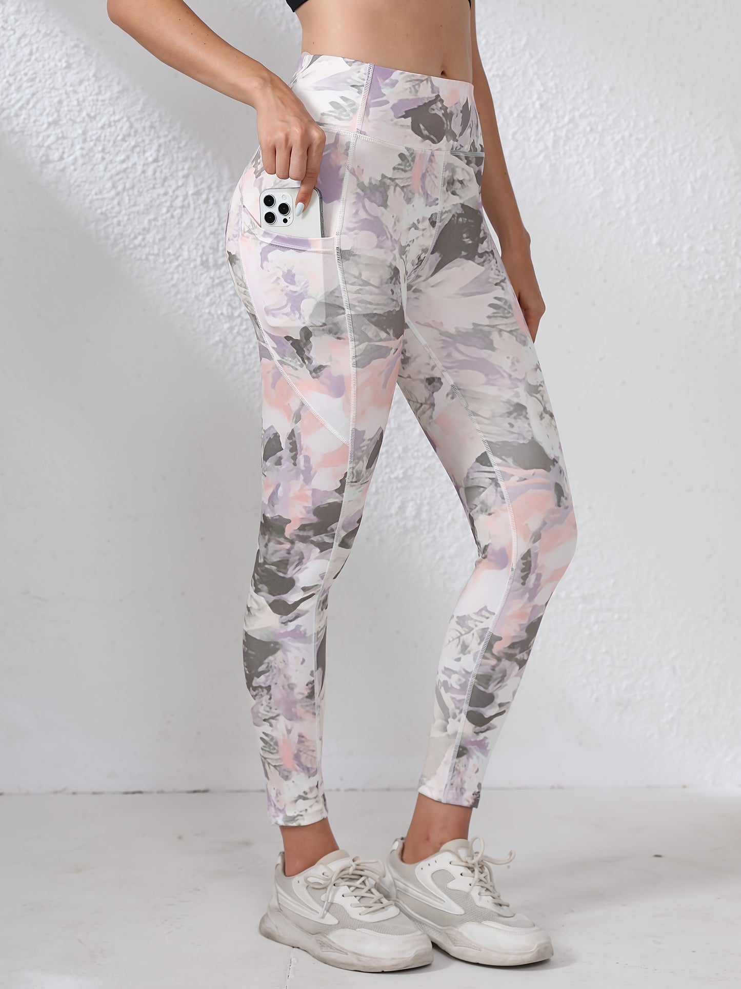 Women's High-Waisted Yoga Leggings with Pockets - Tummy Control Butt-Lifting Workout Pants, Floral Print, Stretchy Polyester/Elastane Blend, Machine Washable for Gym, Running & All-Season Wear