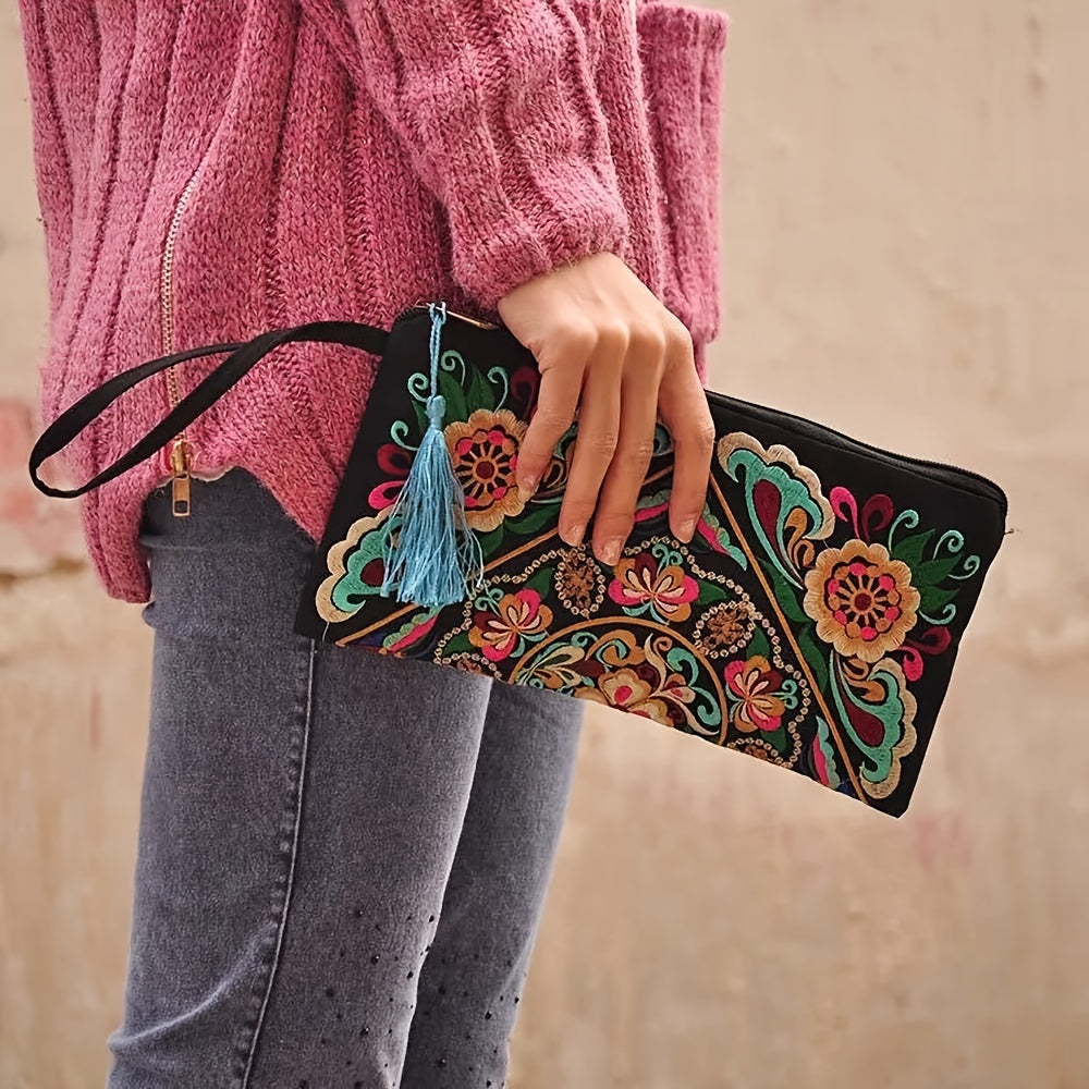 Retro Style Square Purse, Ethnic Style Phone Clutches, Floral Embroidery Handbag With Wristlet