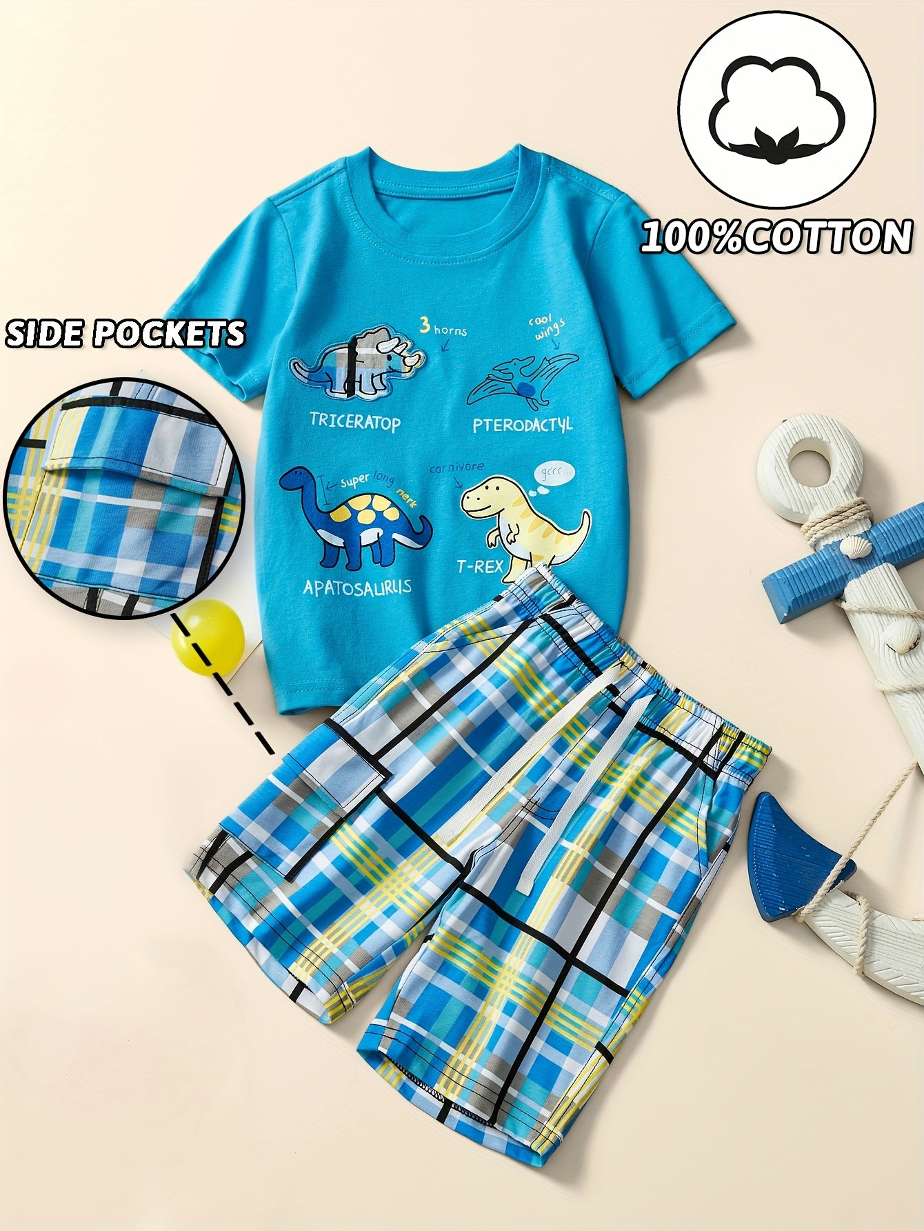 2pcs Set Kids Cotton Cartoon Dinosaur Short Sleeves Tshirt & Breathable Comfy Drawstring Plaid Shorts