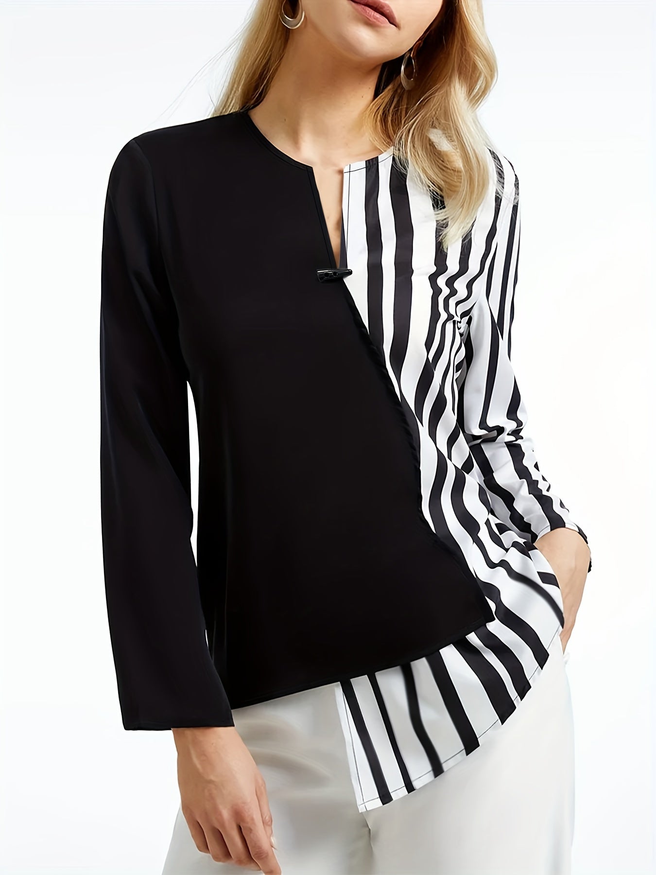 Stripe Print Button Front Asymmetric Blouse, Elegant Long Sleeve Top For Spring & Fall, Women's Clothing