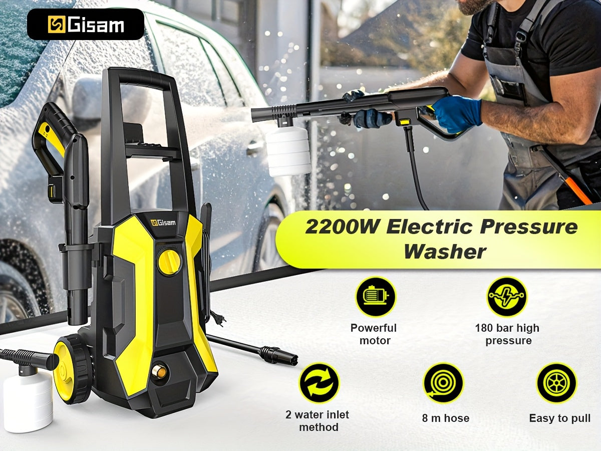 Gisam High-Pressure Washer 2200W 180Bar 480L/H with 8m Hose, Soap Bottle, Foam Nozzle & Lance Gun IPX5 Suitable for Cars/Fences/Gardens/Patios Yellow