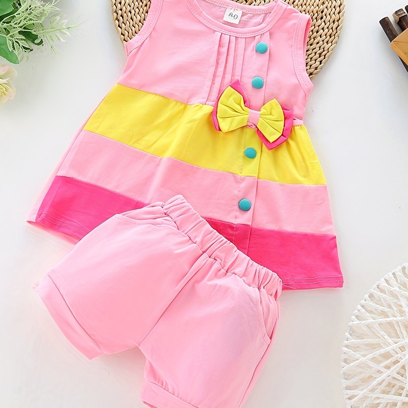 Stylish Color Block Outfit - Cute Bow Puffy Hem Vest & Pocket Shorts Two-piece Set Toddler Baby Clothes Outdoor Clothes Outdoor Suit