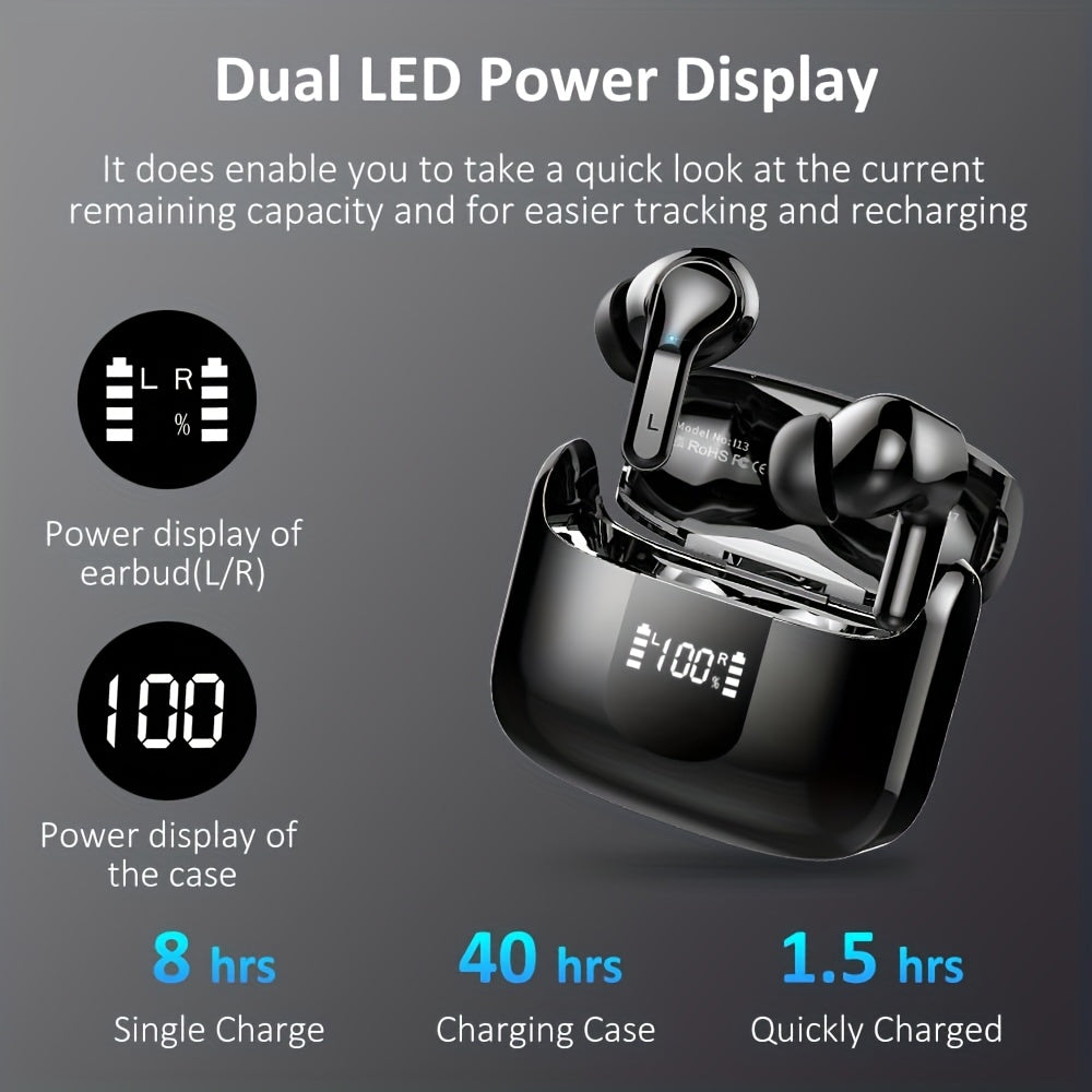 2025 New Wireless Earbuds with 40H Bass, ENC Noise Canceling, 5.3 Headset, 4 HD Microphones, USB-C LED Display, for Android & iOS, Open-Back Design, Condenser Microphones, Non-Waterproof, Ideal for Gaming, Skateboarding, Sno