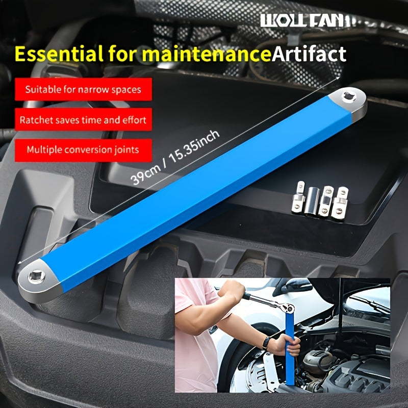 WOLLFAN Multi-Functional Extension Wrench, 39cm/15.35inch, Ratchet Conversion, Narrow Extension, Quick Release Socket, Universal Tool for Car Maintenance, Durable Material