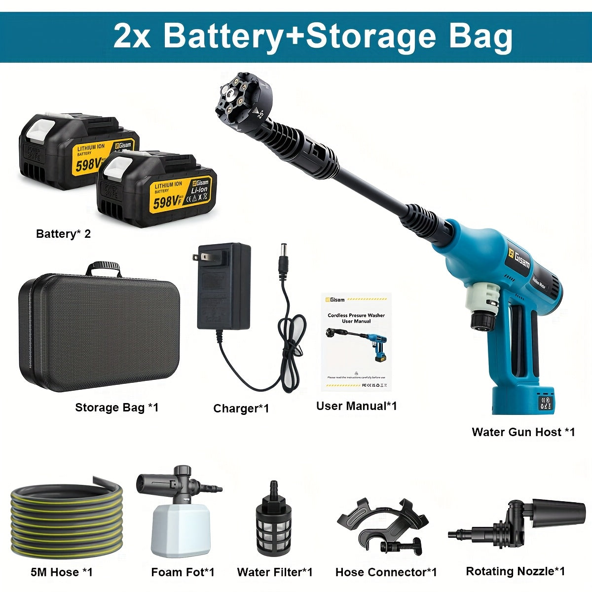 Gisam Cordless High-Pressure Car Washer Gun with Digital Touch Screen & 2 x 4000mAh - 6-in-1 Nozzles, 4-Speed Brushless Motor, Heavy-Duty Water Spray System for, Trucks, Motorcycles, Garden,, Driveway Cleaning (Portable)