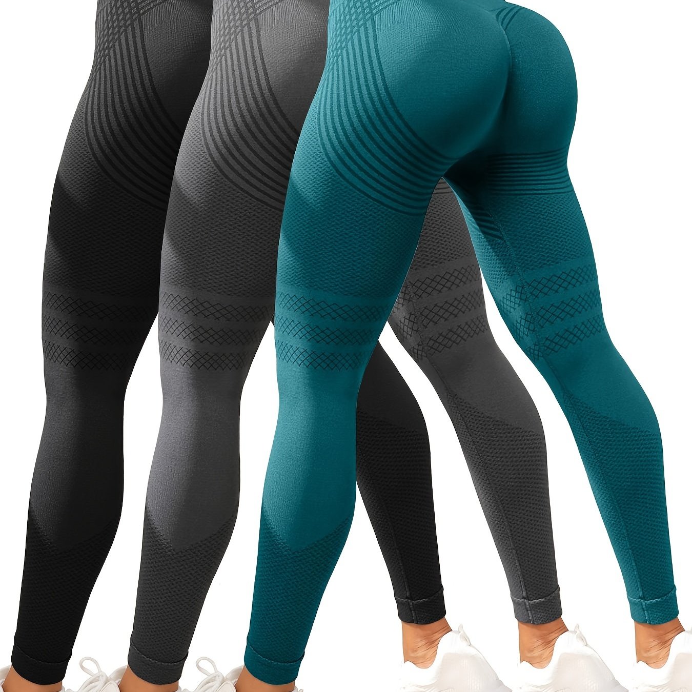 3-Pack Women'S High-Waisted Sports Leggings, Striped Yoga Pants with Hip Lift, Stretchy Knit Fabric, Polyamide 90% Elastane 10%, All-Season Skinny Tights for Fitness & Running, 280g/m²