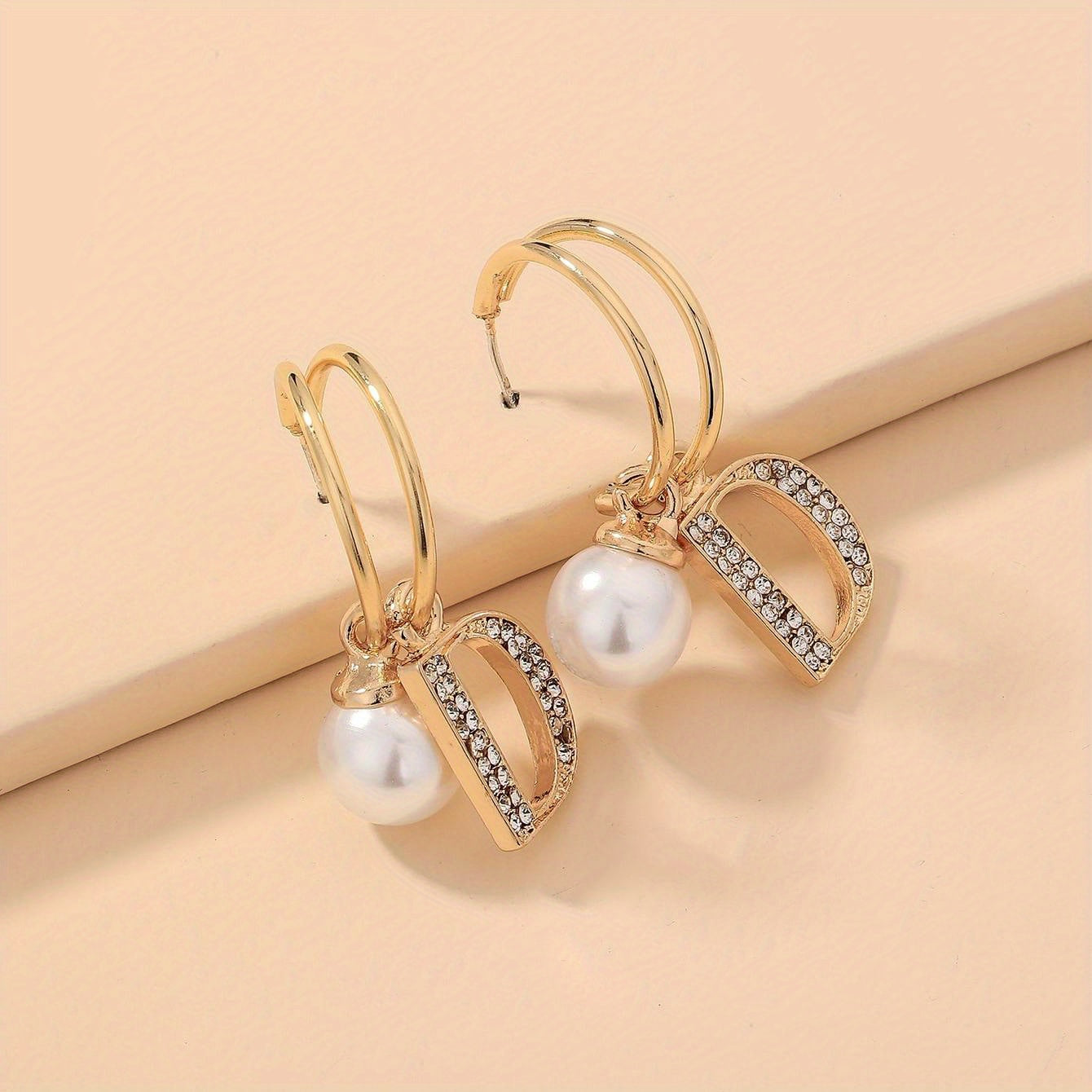 Hollow Letter D Design With Shiny Rhinestone Faux Pearl Decor Golden Dangle Earrings Japanese/ Korean Style Alloy Jewelry Female Gift